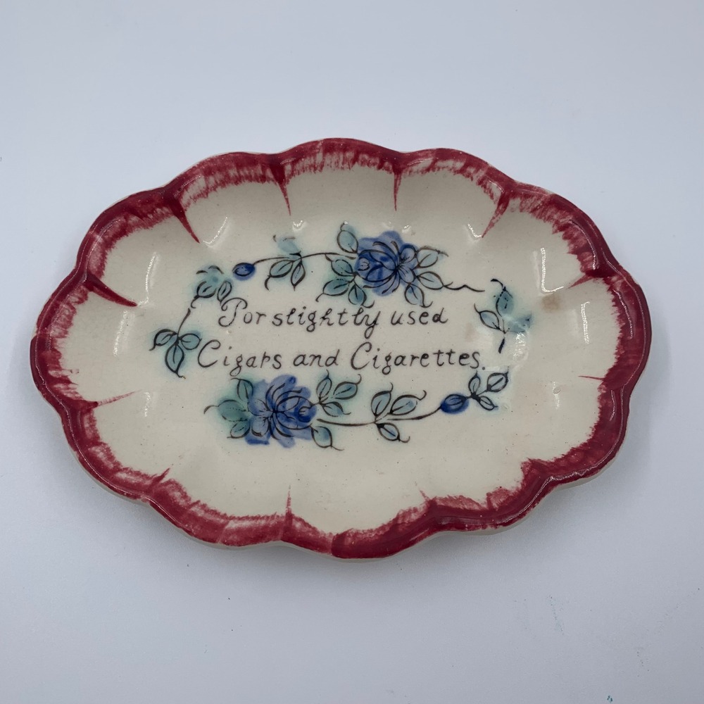 Vintage NASCO Japan Hand Painted Cigars Cigarettes Ashtray Dish Blue Rose Crazed